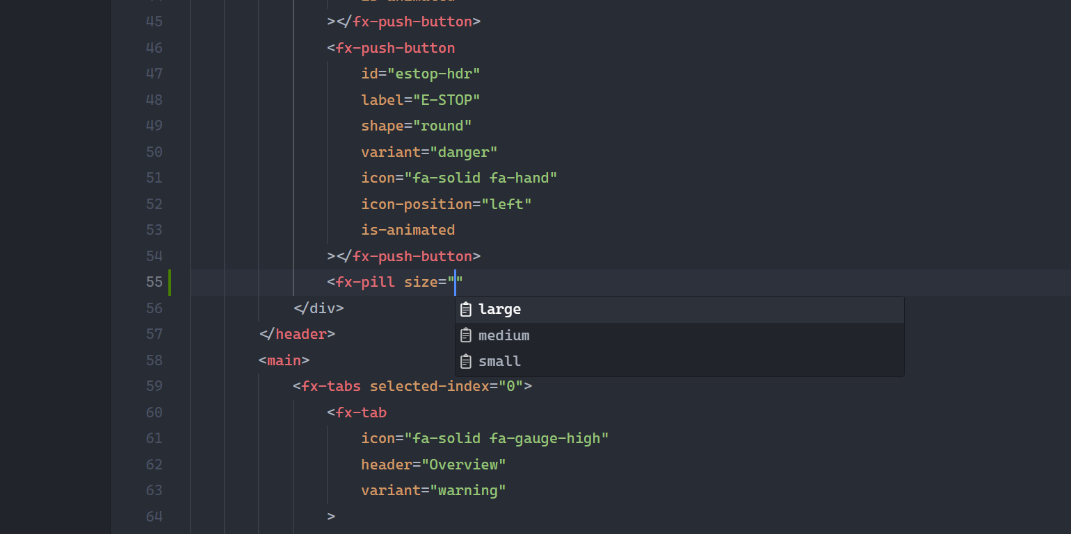 SalsaFX IntelliSense suggesting size values on fx-pill
